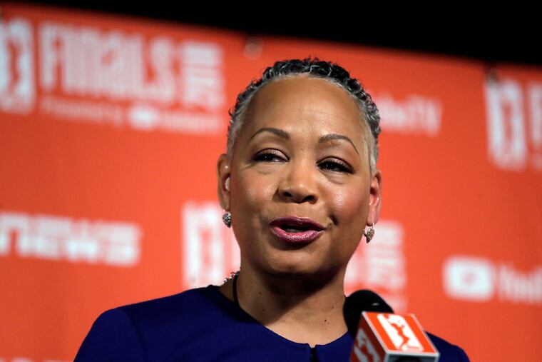 FILE - In this Sept. 7, 2018, file photo, then WNBA president Lisa Borders addresses media members before Game 1 of the WNBA basketball finals between the Seattle Storm and the Washington Mystics in Seattle. Borders, former president of the WNBA, who was named the head of Time's Up last year, says she has resigned as president and CEO of Time's Up, the gender equality initiative formed in 2018 in response to sexual misconduct allegations in Hollywood.
