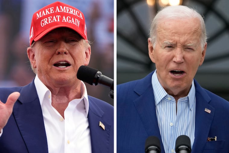 Republican presidential candidate former President Donald Trump, left, speaks at a campaign rally in Las Vegas. President Joe Biden speaks at the White House.