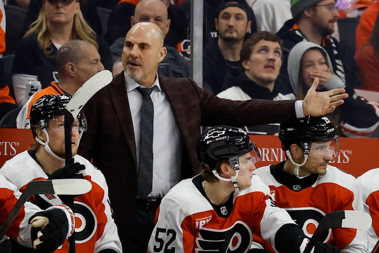 Flyers head coach Rick Tocchet reacts to a penalty called on his team during the second period of a game against the Tampa Bay Lightning.