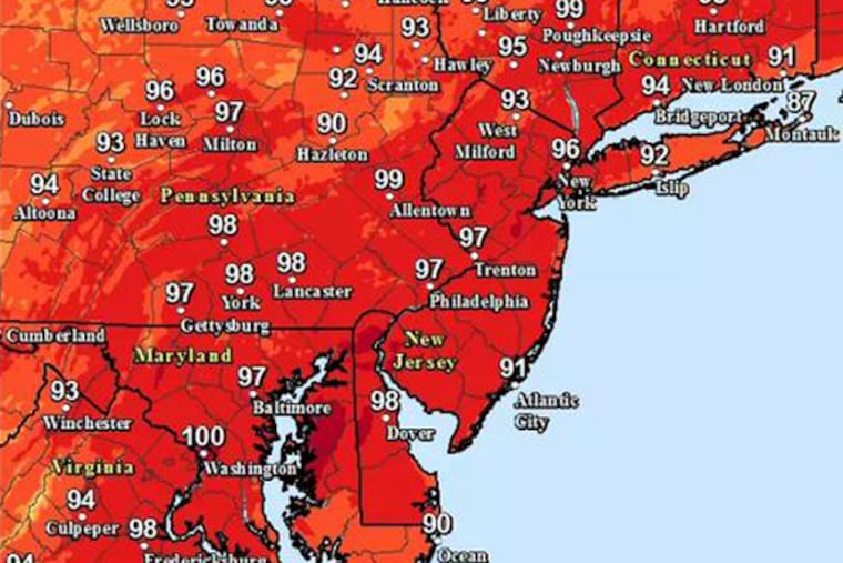 This map shows the forecasted heat index values for the Philadelphia area for Wednesday, July 29, 2015.