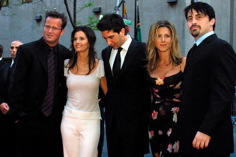 In this May 5, 2002 file photo, the cast members, Matthew Perry, from left, Courteney Cox Arquettte, David Schwimmer, Jennifer Aniston and Matt LeBlanc of the television show "Friends," arrive at New York's Rockefeller Center for NBC's 75th Anniversary event. Netflix will still be there for fans of the old TV series "Friends," but maintaining the relationship will come at a steep price. The New York Times reported that Netflix paid $100 million to keep showing "Friends" on its U.S. service through 2019. (AP Photo/Tina Fineberg, File)