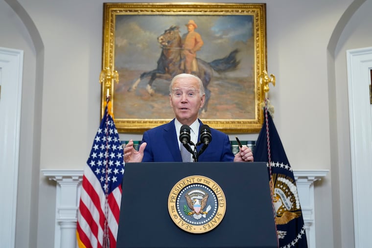 President Joe Biden speaks in the Roosevelt Room of the White Hous on Sunday, Oct. 1, 2023, in Washington.