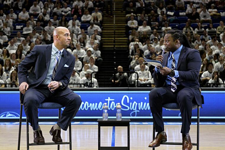 Former Penn State linebacker LaVar Arrington, right, interviews football coach James Franklin about the new recruiting class Wednesday, Feb. 5, 2014, in State College, Pa. (AP Photo/York Daily Record, Chris Dunn)