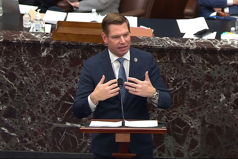 House impeachment manager Rep. Eric Swalwell, D-Calif., speaks during the second impeachment trial of former President Donald Trump in the Senate at the U.S. Capitol in Washington, Wednesday, Feb. 10, 2021.
