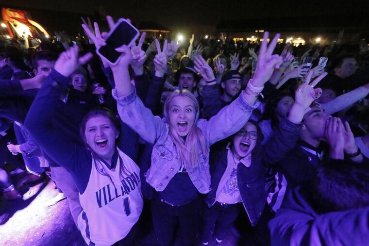 Villanova fans celebrate during Villanova vs Michigan NCAA Mens Basketball Championship game on April 2, 2018