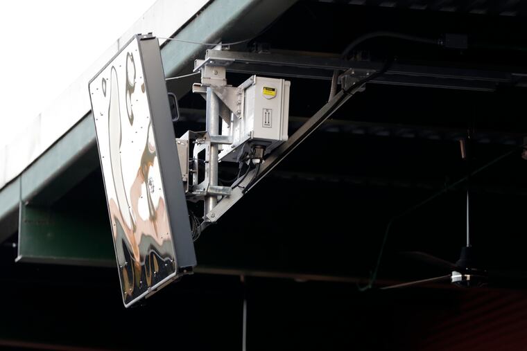 A radar device is seen on the roof behind home plate at PeoplesBank Park during an Atlantic League All-Star minor league game in York.