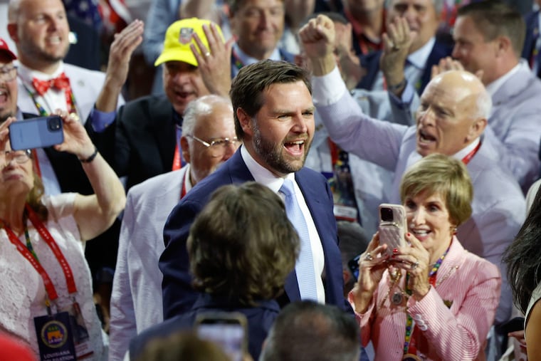 Republican vice presidential candidate Sen. J.D. Vance is introduced during the Republican National Convention in Milwaukee on Monday.