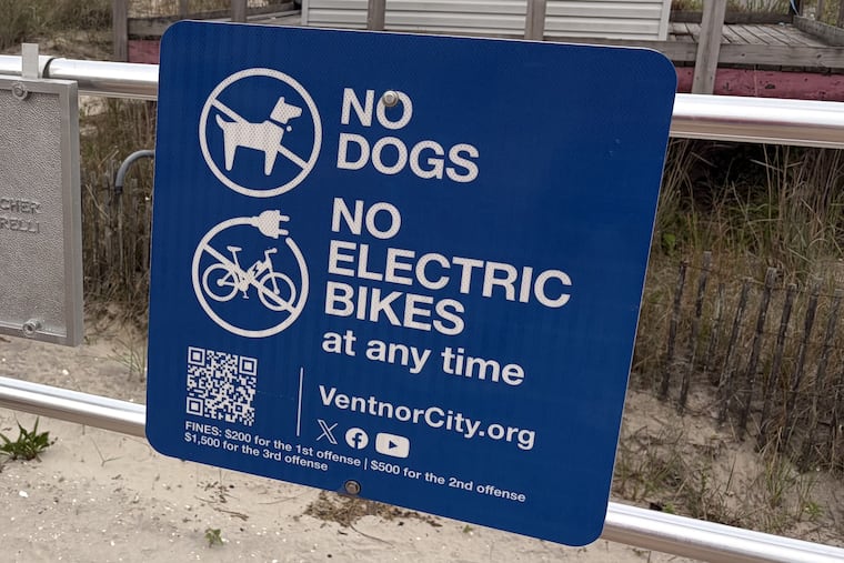 A sign warns that electric bikes were prohibited (as well as dogs) on the boardwalk in Ventnor.