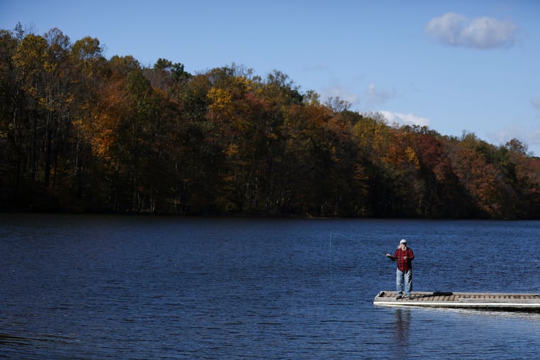 Dennis Cermak, 64, from Spring City, fishes on Scott's Run Lake at French Creek State Park in Elverson, Pennsylvania on Wednesday, October 23, 2019. According to Rick Hartlieb, assistant district forester: William Penn State Forest District, peak fall foliage depends on the weather, like how much moisture there's been and if there's been a drought. He says it is currently peak viewing time at French Creek State Park.