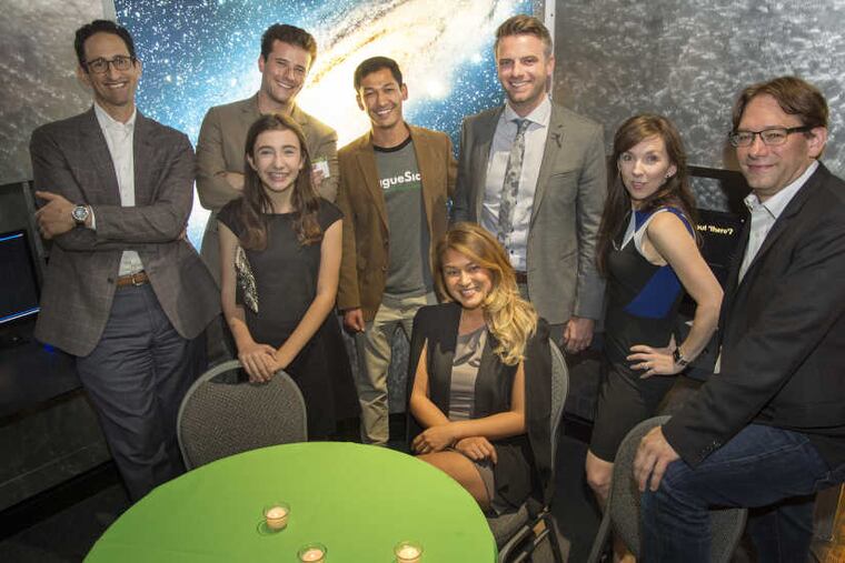 Some of the award winners of The Stellar StartUps pose for a photo after the ceremony at the Franklin Institute's Fels Planetarium September 12, 2017. In back row, from left are: Adam Holt, Asset-Map; Evan Brandon and Zubin Teherani,with LeagueSide; Brady Halligan, The GREEN Program; and Felicite Moorman and Ryan Buchert with StratIS. In front are Anna Welsh, little bags.BIGIMPACT and Melissa Lee (seated), The GREEN Program.
