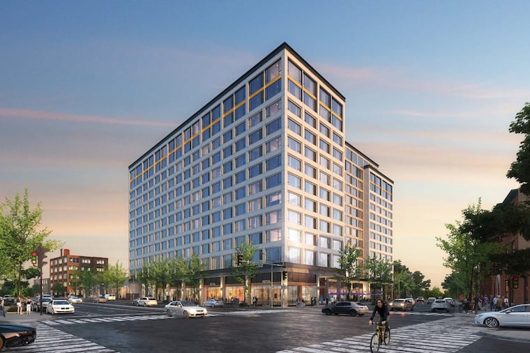 Artist's rendering of apartment building planned at current strip mall site on Spring Garden Street in Northern Liberties, as seen from corner with Fifth Street.