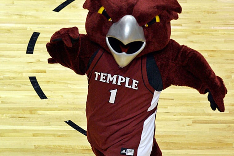 In this March 20, 2009, file photo, the Temple Owl mascot dances on the court during a first-round men's NCAA college basketball tournament game in Miami. (Photo/Lynne Sladky, File)