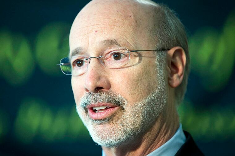 Gov. Tom Wolf speaks with members of the media at the Community College of Philadelphia on April 1, 2015, in Philadelphia. ( AP Photo / Matt Rourke )