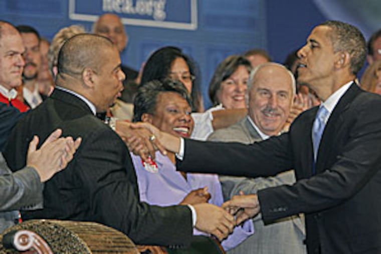 U.S. Sen. Barack Obama visits with well-wishers at the NEA Convention. He spoke to the NEA Representative Assembly yesterday in Philadelphia.