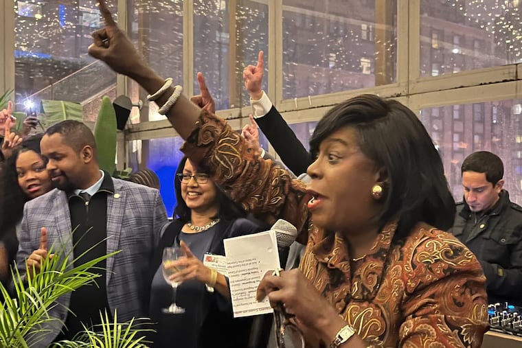 Philadelphia Mayor-elect Cherelle Parker exhorts a crowd with a chant of "One Philadelphia" during a reception for her sponsored by the Eastern Atlantic States Regional Council of Carpenters Friday evening at Pennsylvania Society, a political gathering in Manhattan.