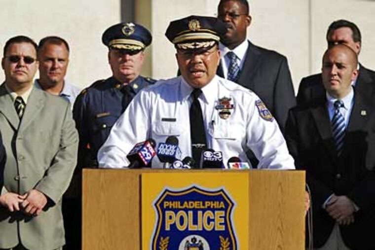 Deputy Police Commissioner Keith Bethel speaks to reporters about the arrest of Christian Squillaciotti in the I-76 road rage incident. (Sarah J. Glover / Staff Photographer)
