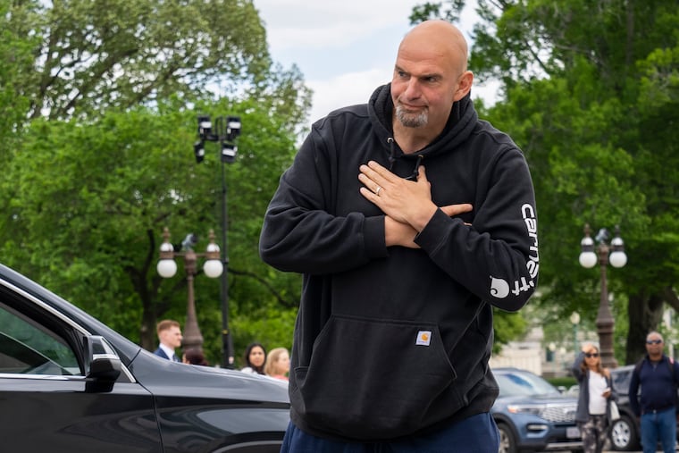 Sen. John Fetterman (D., Pa.) returning to the Capitol on April 17 after seeking inpatient treatment for clinical depression.