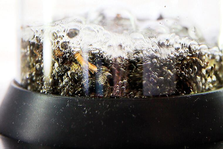 Dean Vastardis and his brother, Lou Vastardis of BKON, demonstrate their new "RAIN" brewing device with tea at the Counter Culture test lab in Philadelphia on October 21, 2014. ( DAVID MAIALETTI / Staff Photographer )