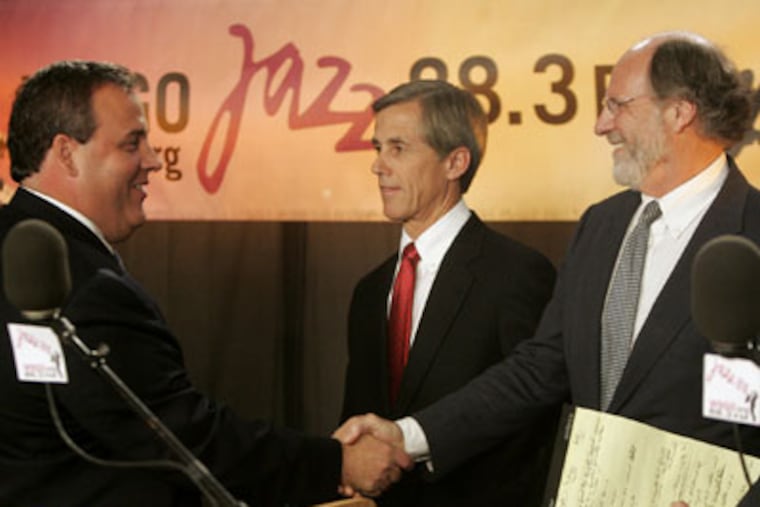 Republican challenger for New Jersey governor Chris Christie, left, incumbent Gov. Jon S. Corzine, right, and Independent candidate Chris Daggett, center, at an Oct. 23 gubernatorial debate. (AP Photo/Rich Schultz)