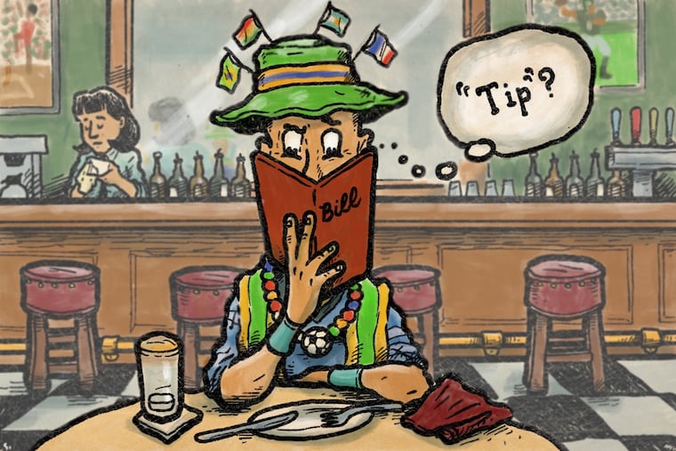 A staff illustration of a customer reviewing their bill at the end of a meal. American restaurants are navigating how to best recover tips in the case of lower tipping due to different international tipping customs.