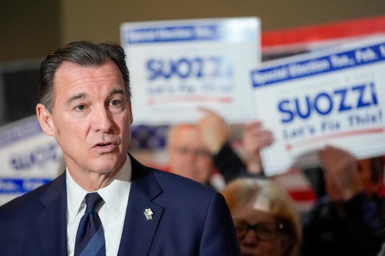 Tom Suozzi speaks during a campaign canvass kick off event on Feb. 11, in Plainview N.Y. The Democrat won the election to replace disgraced former Rep. George Santos in New York's 3rd district.