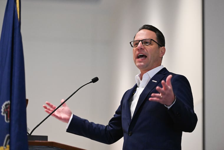 Pennsylvania Gov. Josh Shapiro speaks to the crowd at a Centre County Democratic Party event at the Penn Stater hotel, April 11, 2026, in State College, Pa.