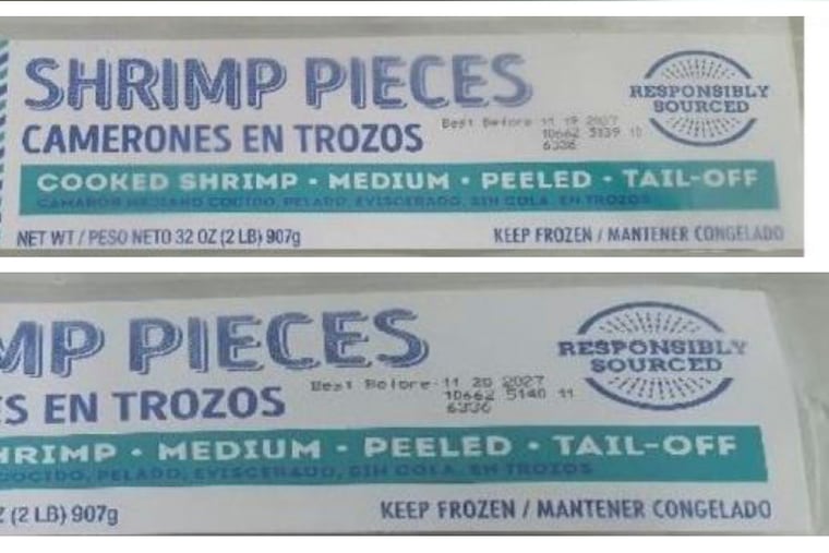 This combination of photos provided by the U.S. Food and Drug Administration on Thursday, Aug. 28, 2025, shows labels for Kroger Mercado Cooked Medium Peeled Tail-Off Shrimp recalled by AquaStar USA Corp. of Seattle.