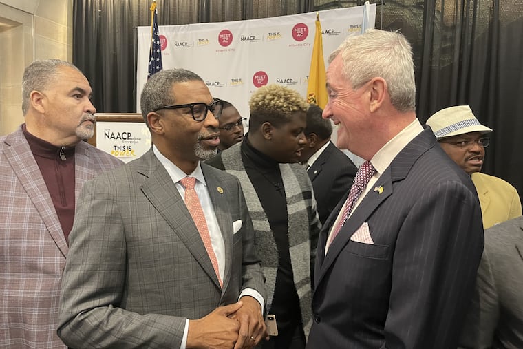 Derrick Johnson, the NAACP National President, greets N.J. Gov. Phil Murphy in Atlantic City, which will host the NAACP national convention July 14 to July 20, 2022. National leaders held a press conference in Jim Whelan Boardwalk Hall on Thursday April 28, 2022.