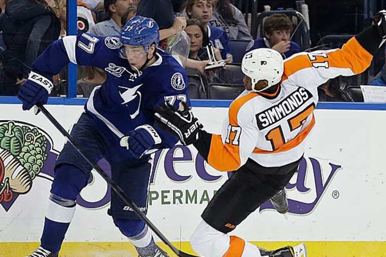 Lightning defenseman Victor Hedman (77) sends Wayne Simmonds (17) flying on a check during the third period of an NHL hockey game Sunday, Jan. 27, 2013, in Tampa, Fla. (Chris O'Meara/AP)