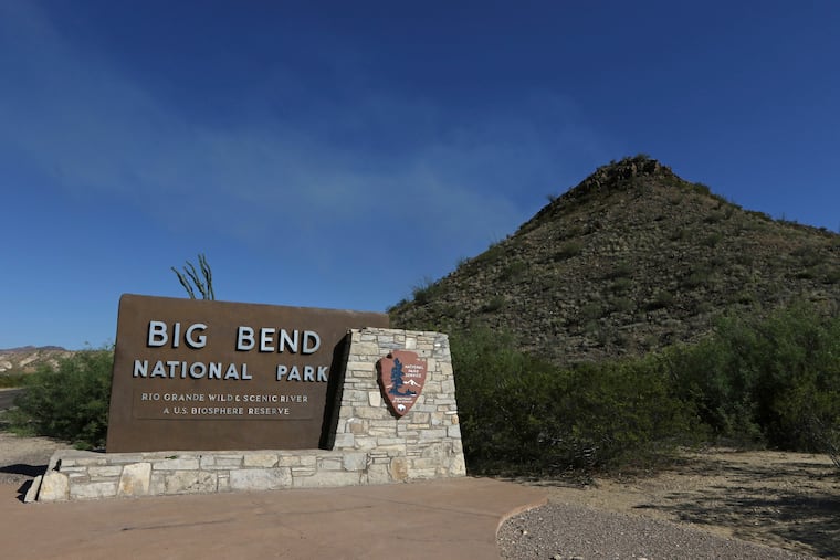 A Big Bend National Park sign at the west side entrance near Maverick Junction, May 24, 2019, in Big Bend National Park in Texas. Border construction in the park has been paused for evaluation after bipartisan opposition.