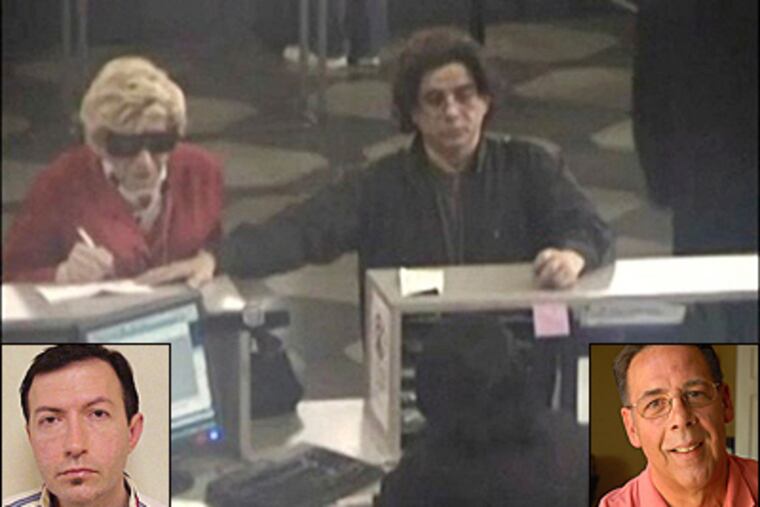 Thomas Parkin, of Brooklyn, N.Y., (inset, left) is seen posing as his mother to collect her Social Security checks in this surveillance photo (center). Plymouth Meeting's Thomas Parkin, (inset, right), believes his identity was stolen by the New York Parkin. (AP / Ron Tarver / Staff Photographer)