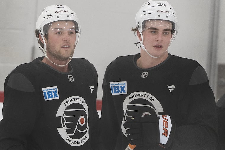 Porter Martone (right, with Tyson Foerster) helped the Flyers jump 10 spots on Scott Wheeler's annual team prospect rankings.