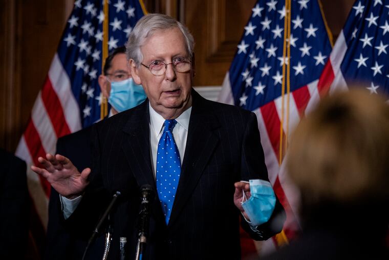 Senate Majority Leader Mitch McMcConnell of Ky., speaks to reporters on Capitol Hill in Washington, Tuesday, Dec. 1, 2020.