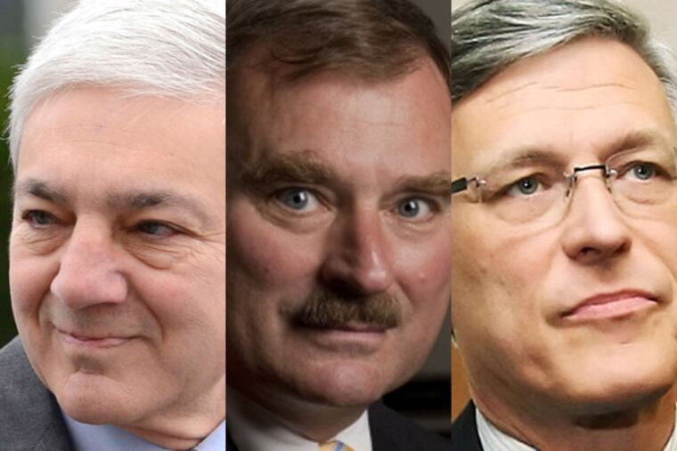 (From left to right) Graham Spanier, Gary Schultz and Tim Curley are scheduled to return to a Harrisburg courtroom Tuesday for a hearing that could shape the outcome of the case. They face charges that they were complicit in a cover-up that permitted Sandusky to continue to prey on boys even after he was caught raping one in a Penn State locker-room shower.