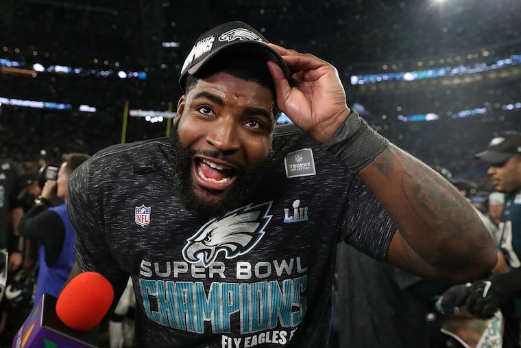 Vinny Curry celebrates after the Eagles beat the New England Patriots in Super Bowl LII.