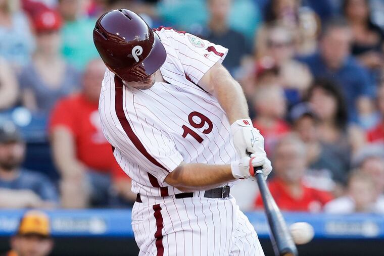 The Philadelphia Phillies’ Tommy Joseph hits a second-inning double against the San Diego Padres on Friday.