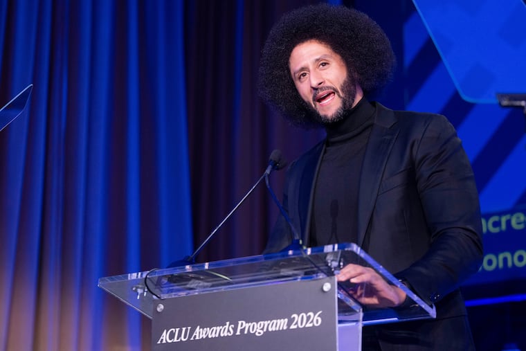 FILE - Colin Kaepernick speaks after receiving the ACLU Ralph Ellison Award for Defenders of Civil Rights and Civil Liberties in the Arts, Business, Science, and Sports at the ACLU's 2026 Biennial Leadership Conference, Friday, July 24, 2026, in Washington. (AP Photo/Kevin Wolf, File)