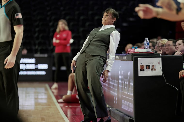 Temple coach Diane Richardson watches a shot go in against Florida Atlantic on Saturday at the Liacouras Center.