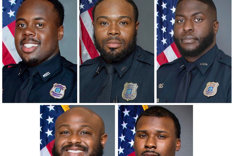 This combination of images provided by the Memphis, Tenn., Police Department shows, from top row from left, Police Officers Tadarrius Bean, Demetrius Haley, Emmitt Martin III, bottom row from left, Desmond Mills, Jr. and Justin Smith. A seventh Memphis Police Department employee was fired and another retired while he was recommended to lose his job for their roles in the fatal arrest of Tyre Nichols, a 29-year-old motorist who died three days after a brutal police beating in January.