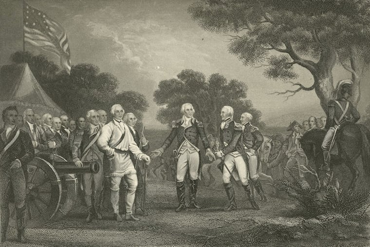 Surrender of Burgoyne's Army at Saratoga, Oct. 17, 1777, engraving after painting by Trumball (undated).
