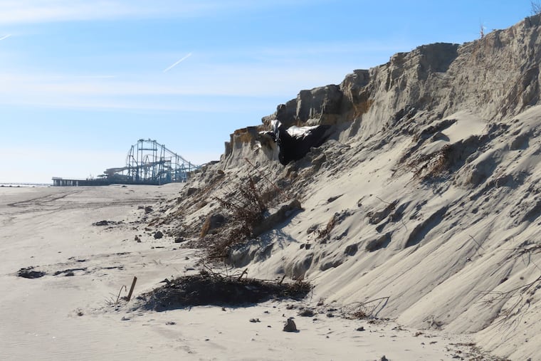 A severely eroded section of sand dune in North Wildwood in January 2024. Federal officials announced on Friday that a project to replenish North Wildwood's beach has been abandoned as other towns balk at sharing sand.