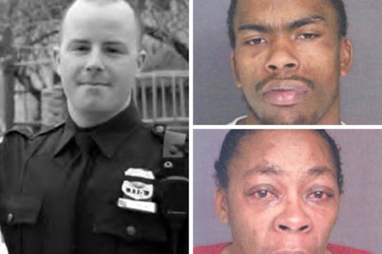 Officer John News (left) saved an unconscious man from being stomped to death. Rhashad Carlton (top right) and Bonita Carlton were charged in the assault. (Photos from Upper Darby Police Department
