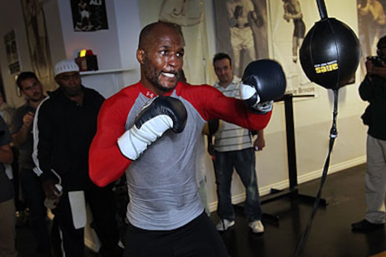 Champion boxer Bernard Hopkins trains in front of the media at Joe Hand Gym on N. 3rd St. in Northern Liberties section of Philadelphia on Tuesday afternoon. (Alejandro A. Alvarez / Staff Photographer)