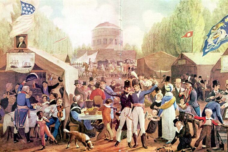Independence Day Celebration in what is now Penn Square in 1819, by artist John Lewis Krimmel. The painting includes depictions of a naval battle from the War of 1812, with the slogan “Don’t give up the ship,” and of the Battle of New Orleans.