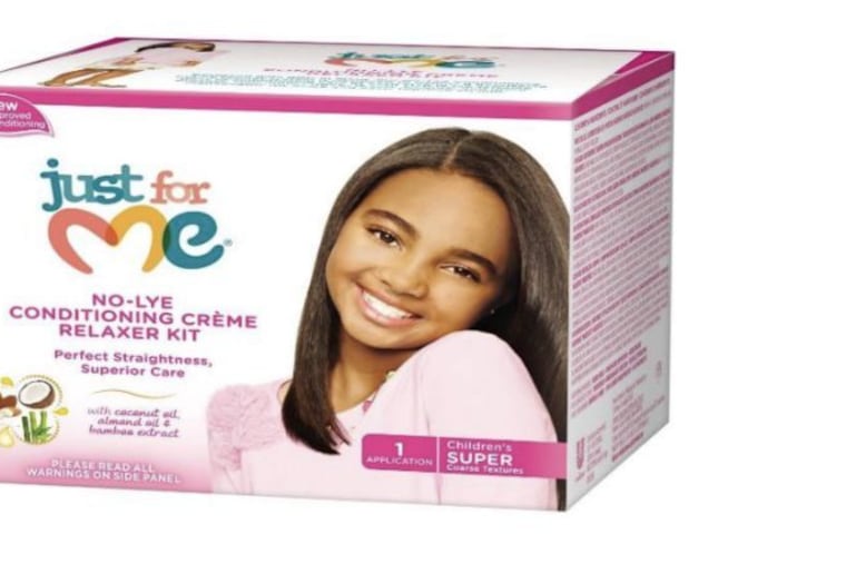 A photo presented in the complaint filed by Erica James against L'Oreal and other beauty product companies alleging that hair-straightening products marketed to Black women caused cancer. The photo depicts a box of Just for Me by Strength of Nature that was marketed to young girls.