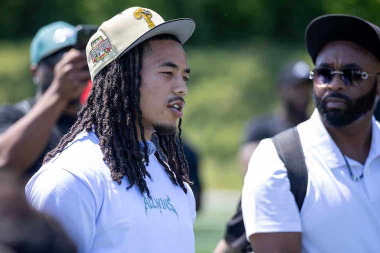 Makai Lemon joins the Open Door Abuse and Prevention youth football combine to speak to athletes at Mastery Charter on Saturday.