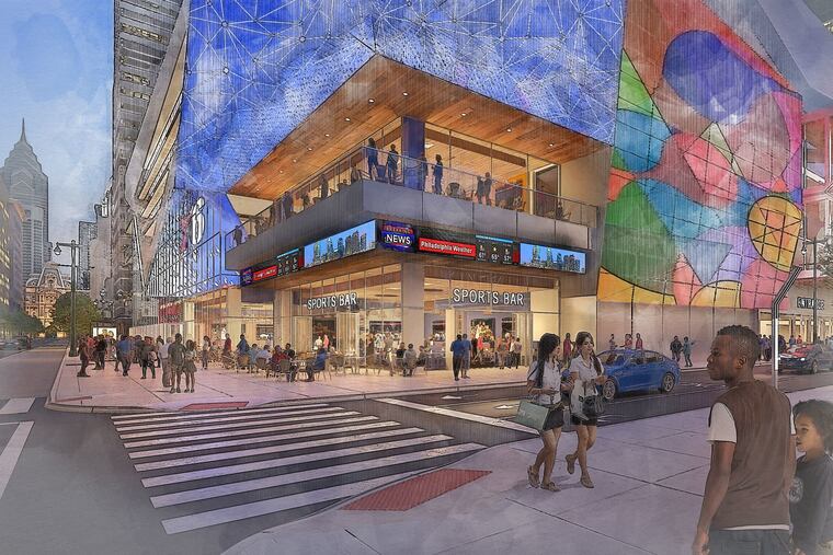 The Sixers say they want to line the planned arena on Market Street with restaurants and other active retail uses. This view shows the proposed building looking west from the corner of 10th Street. Much of the building would be covered with digital screens.