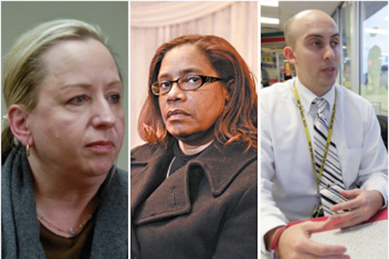 Teachers Lynn Larrick (from left), Kate Sannicks-Lermer and Matthew Mundy have all been attacked or threatened by students in Philadelphia public schools. Larrick quit after a confrontation with a 6-foot-2-inch, 250-pound eighth-grader. (Photos by Ron Tarver and David Swanson)