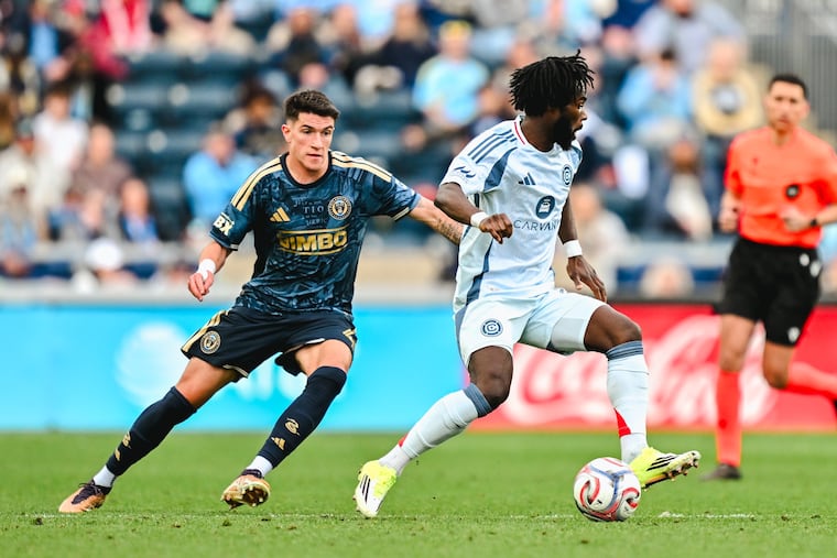 Chicago's Jonathan Bamba (right) gets away from the Union's Jovan Lukić during Saturday's game at Subaru Park.