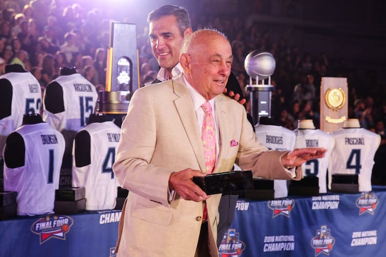 Former Villanova coach Rollie Massimino smiles after current coach Jay Wright presented the 1985 NCAA championship head coach with a championship ring at the school’s annual Hoops Mania event at the Pavilion in October 2016. Mr. Massimino died Wednesday at 82